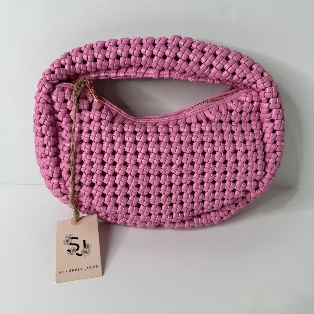Sincerely Jules Bright Pink Woven Small Handbag Shoulder Bag Feminine Summer NEW